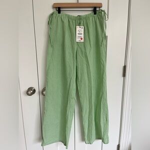 Zara Green Pinstripe Wide Leg Elastic Waist Pants Drawstring M Boho Peasant